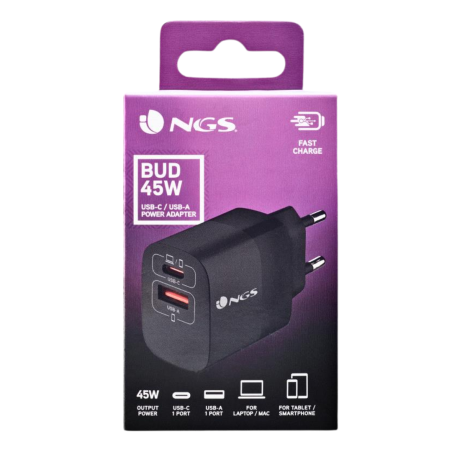 NGS Bud 45W Chargeur Mural GaN Ultra-Rapide 45W avec 2 Ports (1 USB-C + 1 USB-A) - Noir — NGS · Smarty Paris 18e